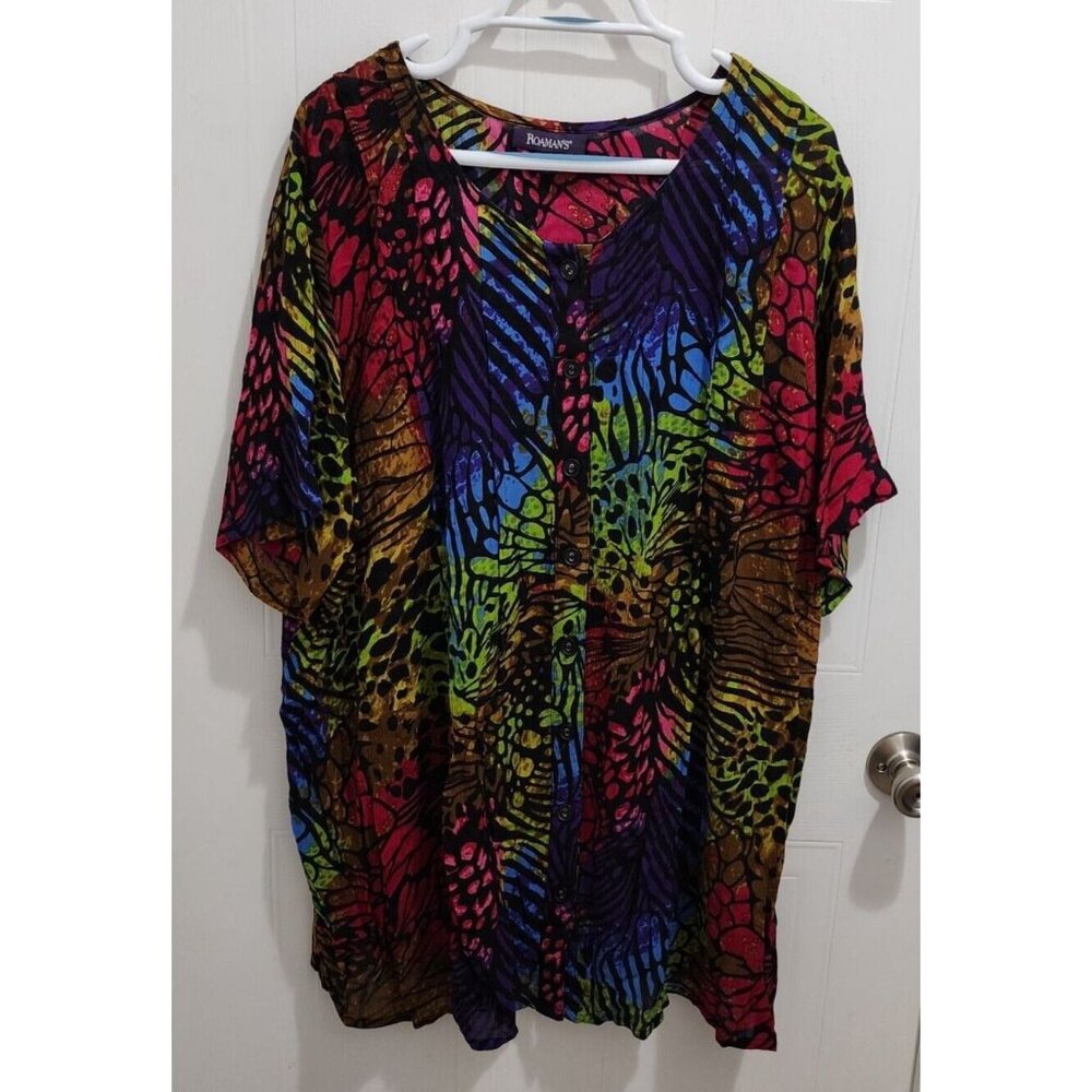 Roman's Women's Short Sleeve Button Up Blouse Bright Multicolor Animal Print 20W
